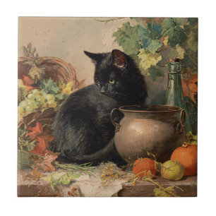 Vintage Black Cat Amid Autumn Fruits Ceramic Tile