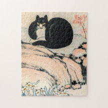 Vintage Black Cat and Narcissus by Zhu Ling