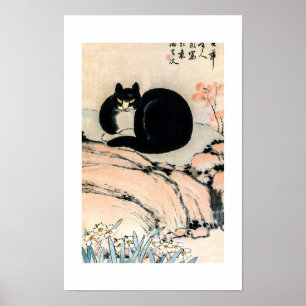 Vintage Black Cat and Narcissus by Zhu Ling Poster