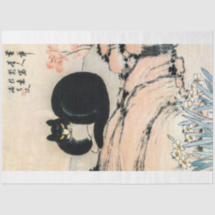 Vintage Black Cat and Narcissus by Zhu Ling Tissue Paper