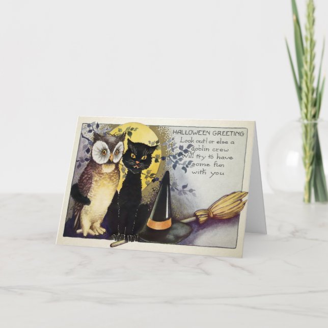 Vintage Black Cat and Owl Halloween Card   (Front)
