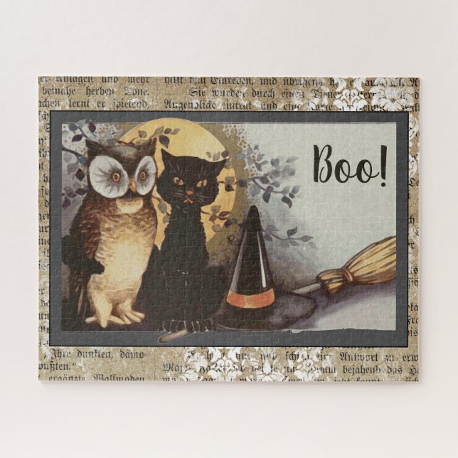Vintage Black Cat and Owl Halloween Jigsaw Puzzle (Horizontal)