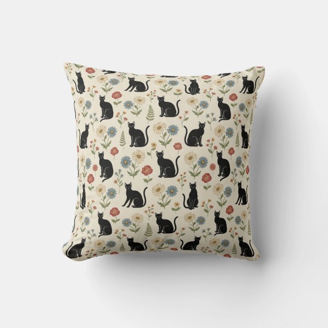 Vintage Black Cat and Wildflower Garden Pattern Cushion (Front)