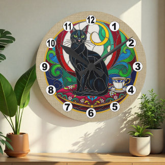 Vintage Black Cat Art Mosaic Clock, Decorative Round Clock