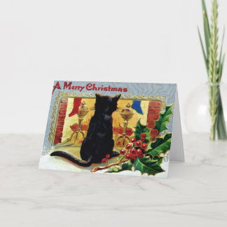 Vintage Black Cat At Christmas Holiday Card
