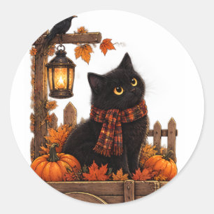 Vintage Black Cat Autumn Harvest Classic Round Sticker