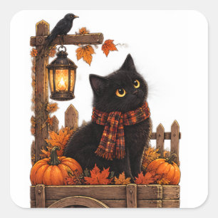 Vintage Black Cat Autumn Harvest Square Sticker