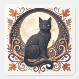 Vintage Black Cat Halloween Paper Plate Square Sticker