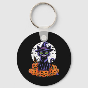 Vintage Black Cat Halloween Spooky Pumpkins Flying Key Ring