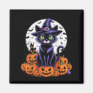 Vintage Black Cat Halloween Spooky Pumpkins Flying Magnet