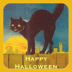 Vintage Black Cat Halloween Square Sticker