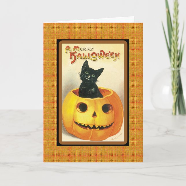 Vintage Black Cat in Pumpkin Merry Halloween Card (Front)