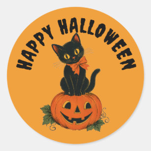 Vintage Black Cat Jack-O'-Lantern Happy Halloween Classic Round Sticker