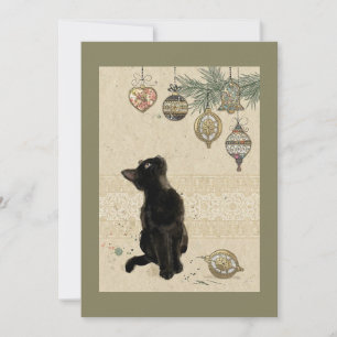 Vintage Black Cat Looking At Ornaments Holiday Card