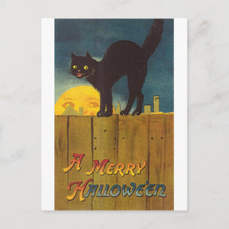 Vintage Black cat on a Fence Halloween Card