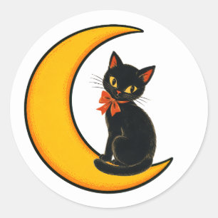 Vintage Black Cat on Crescent Moon Halloween Classic Round Sticker