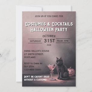 Vintage Black Cat & Pink Martini Halloween Party Invitation