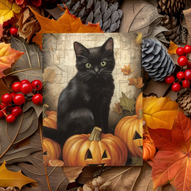 Vintage Black Cat Pumpkin Decoupage  Postcard (Creator Uploaded)