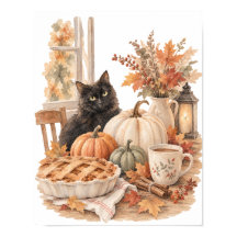 Vintage Black Cat Pumpkin Halloween Art