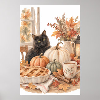 Vintage Black Cat Pumpkin Halloween Art Poster