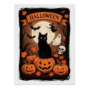 Vintage Black Cat Pumpkin Spooky Halloween Party Poster