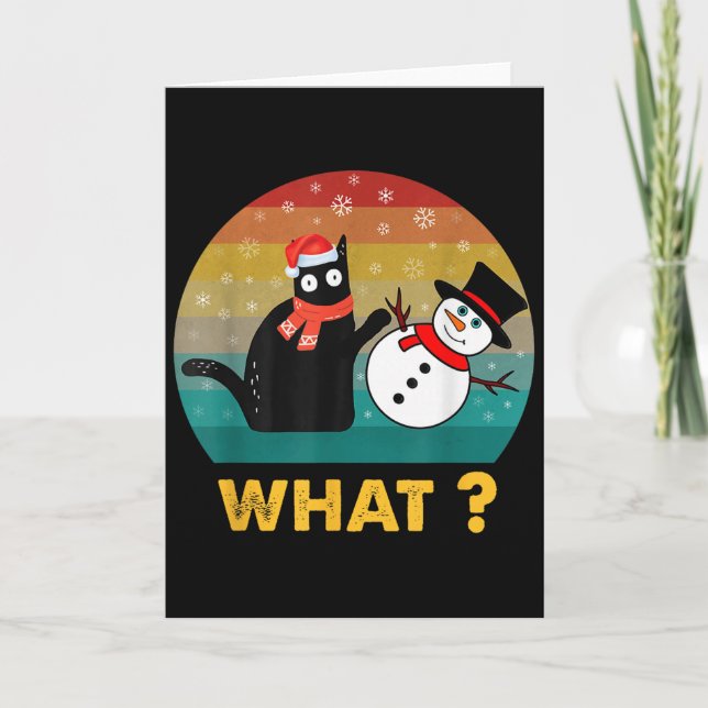 Vintage Black Cat Pushing Snowman Christmas Winter Card (Front)