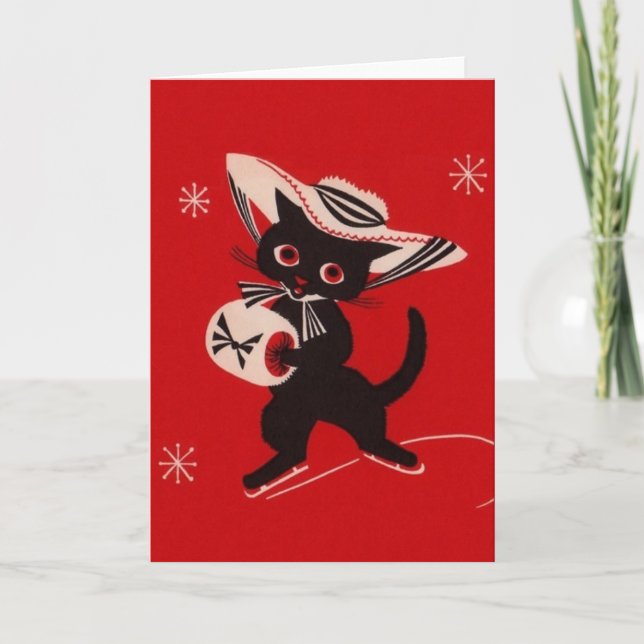 Vintage Black Cat Skater Greeting Card (Front)