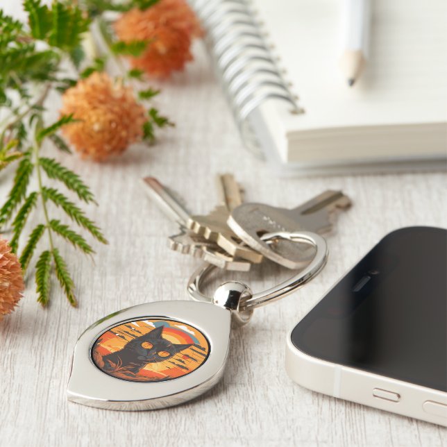 Vintage Black Cat Sunset at sunset Key Ring (Side)