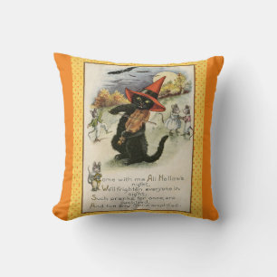 Vintage Black Cat Violin Halloween Throw Pillow