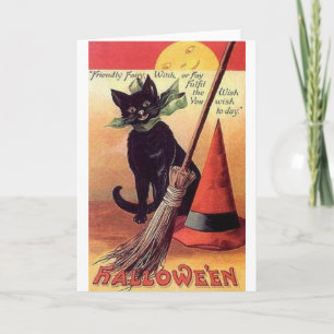 Vintage Black Cat Wish Halloween Greeting Card