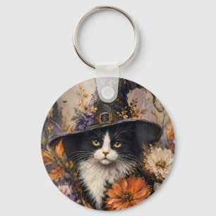 Vintage Black Cat Witch Hat Autumn Floral Key Ring