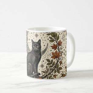 Vintage Black Cat with Crescent Moon, Leaves Coffee Mug