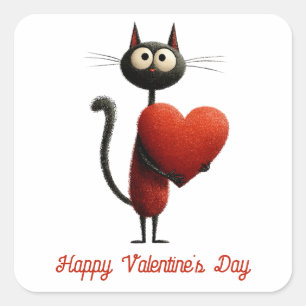 Vintage Black Cat With Heart Valentine`s Day Square Sticker