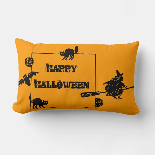 Vintage Black Cats Bat Pumpkins Witch Lumbar Cushion (Front)