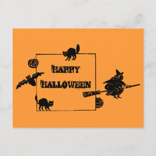Vintage Black Cats Bat Pumpkins Witch Postcard