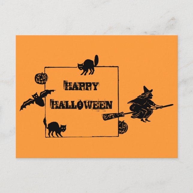 Vintage Black Cats Bat Pumpkins Witch Postcard (Front)