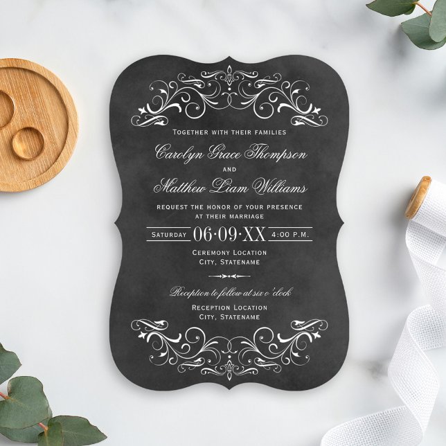 Vintage Black Chalkboard Flourish Wedding Invitation (Creator Uploaded)