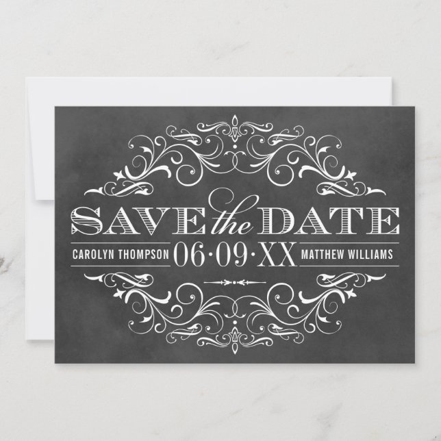 Vintage Black Chalkboard Flourish Wedding Save The Date (Front)