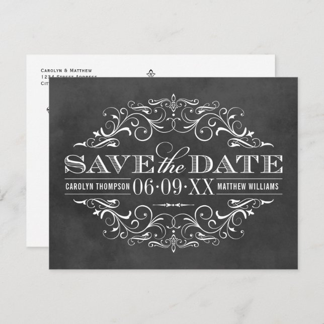 Vintage Black Chalkboard Flourish Wedding Save The Date (Front/Back)