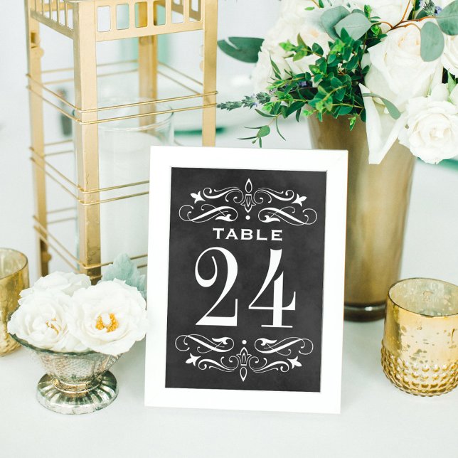 Vintage Black Chalkboard Flourish Wedding Table Number (Creator Uploaded)