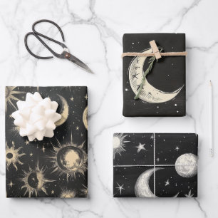 Vintage Black Chalkboard Night Sky Stars & Moons Wrapping Paper Sheet