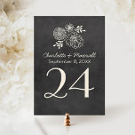 Vintage Black Chalkboard Wedding Table Number<br><div class="desc">Vintage style wedding chalkboard table number cards feature hand-drawn flowers,  a monogram of the bride and groom names and wedding date,  and table number that can be customised for each table. Soft white / ivory chalk look on background with a rustic textured black chalkboard appearance.</div>