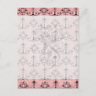 vintage black chandelier damask on lovely pink postcard