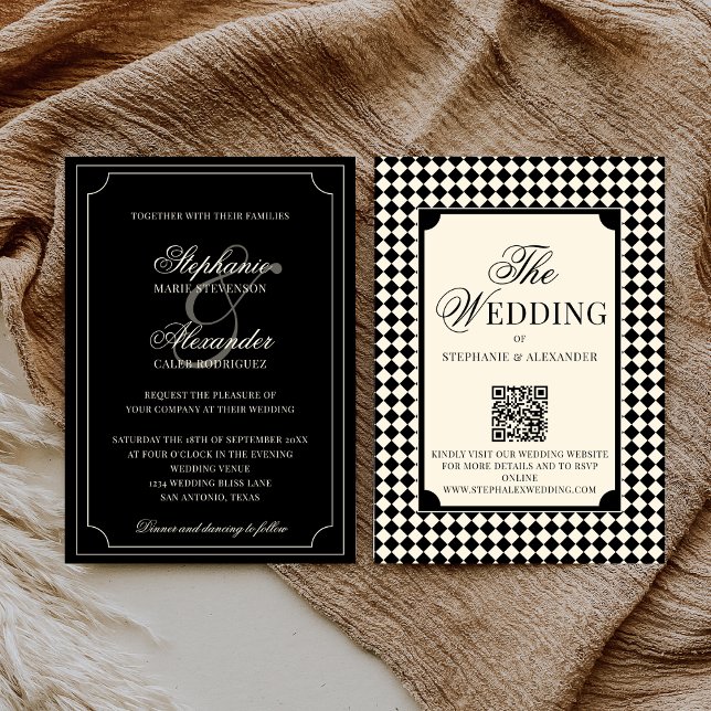 Vintage Black Checkered Old Money QR Code Wedding Invitation (Creator Uploaded)