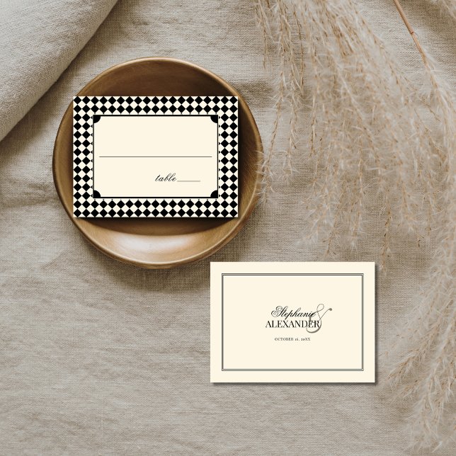 Vintage Black Checkered Old Money Wedding Place Card (Creator Uploaded)