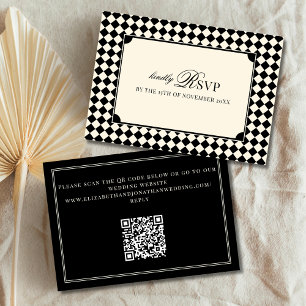 Vintage Black Chequered Old Money QR Code Wedding RSVP Card