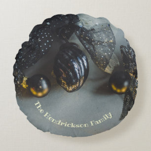 Vintage Black Christmas Ornaments with Ribbon Round Cushion