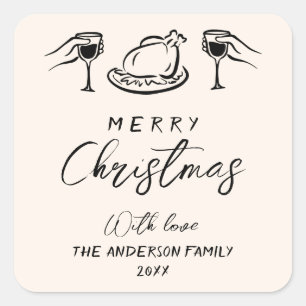 Vintage Black & Cream Hand Drawn Merry Christmas Square Sticker