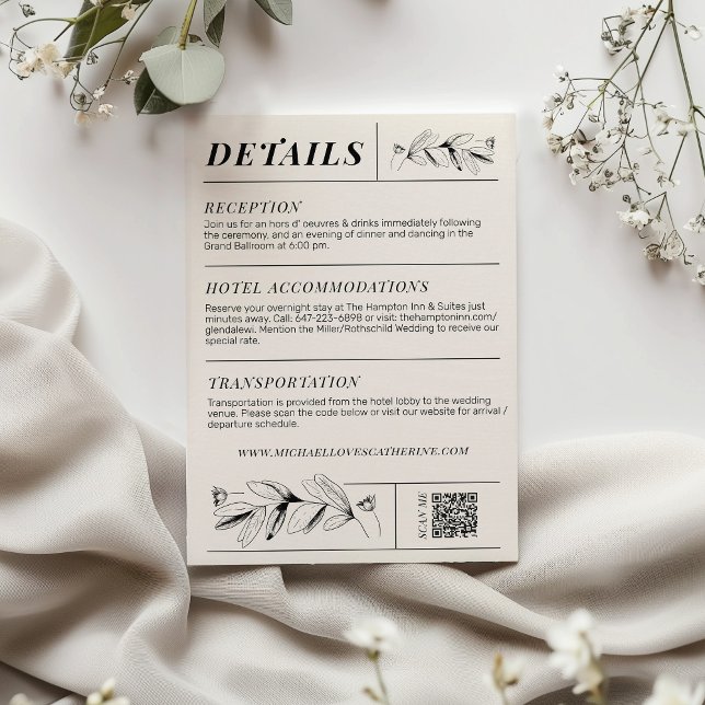 Vintage Black & Cream Retro Wedding Details Card (Vintage Black & Cream retro newspaper type botanical flowers wedding invitation details card QR code)
