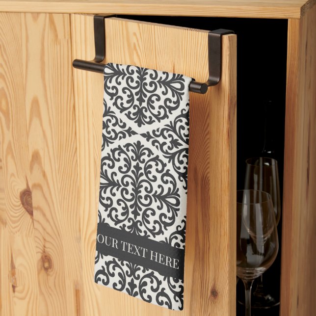 Vintage Black Damask Kitchen Design Tea Towel (Thirds Fold)